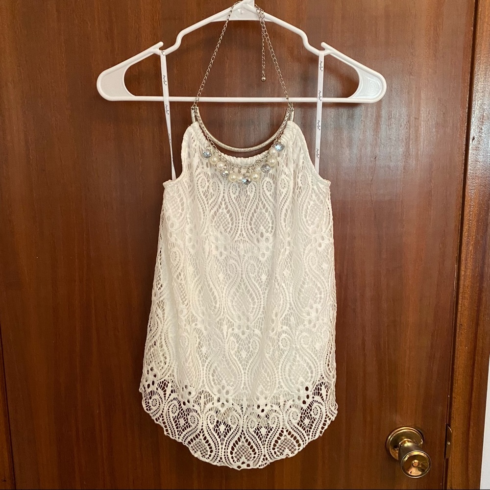 Papaya White Lace Embellished Halter Neck Top